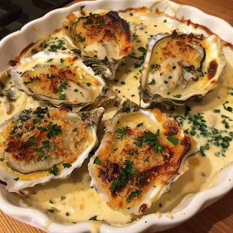 Mornay Sauce Gratinated Oysters: A Decadent Delight Ingredients 12 fresh oysters, shucked 2 tablespoons of butter 2 tablespoons of all-purpose flour 1 cup of milk 1/2 cup of grated Gruyère cheese 1/4 cup of grated Parmesan cheese 1 tablespoon of Dijon mustard 1/4 teaspoon of nutmeg Salt and pepper to taste 1/4 cup of breadcrumbs Fresh parsley, chopped, for garnish Instructions Preparing the Mornay Sauce: Make a Roux: In a medium saucepan, melt the butter over medium heat. Add the flour and ... Oyster Food, Baked Oyster Recipes, Baked Oysters, Cooked Oysters, Mornay Sauce, Oyster Recipes, Cup Of Milk, Fresh Oysters, Elf Clothes