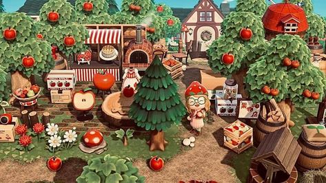 Fruit Market Acnh, Apple Orchard Animal Crossing, Animal Crossing Apple Orchard, Tree Farm Acnh, Acnh Apple Orchard, Acnh Apple Orchard Ideas, Animal Crossing Orchard, Acnh Orchard Ideas, Animal Crossing Apple