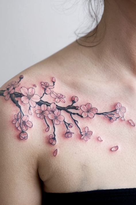 A tiny cherry blossom on your shoulder celebrates beauty and the fleeting nature of life. The small petals create a feminine and dainty design that feels fresh and elegant. It�s the perfect tattoo for women who appreciate subtle floral tattoos with cultural meaning. Cherry Blossom Tattoo Shoulder, Tattoo Cherry Blossom, Whale Tail Tattoo, Cherry Blossom Tattoos, Tattoo Cherry, Olive Branch Tattoo, Compass Rose Tattoo, Airplane Tattoos, Hello Kitty Tattoos