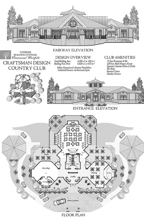 Online Commercial Design Concept : Craftsman Style Country Club w/ Restaurant & Bar, Pro-Shop & Business Center - Commercial Collection Club House Plan Architecture, Club House Design Plan, Country Club Design, Ornate Architecture, Hotel Plans, Cafe Plan, Mini Hotel, Restaurant Floor Plan, Restaurant Plan