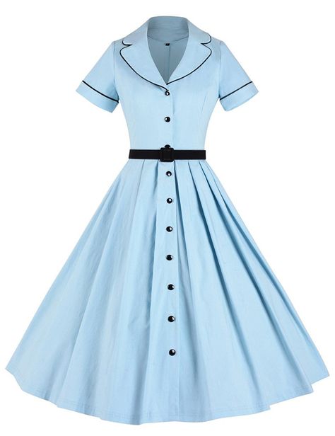 Vestido azul-claro com gola em V e de botões. Lindo e versátil 1950 Vintage, Aline Dress, Vintage Short, Vestidos Vintage, Moda Vintage, Mode Vintage, Womens Casual Outfits, Retro Dress, Women Dresses