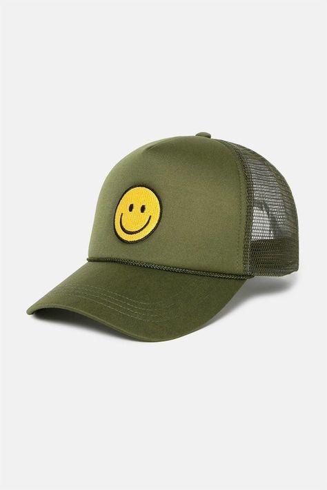 Hat features back mesh detailing, a pony tail opening, a back adjustable snap closure, and a smiley face embroidered patch. One size fits most Smiley Hat, Trendy Hat, Happy Vibes, Face Cloth, Trendy Clothes, Fuchsia Color, Shorts Jeans, Women Clothing Boutique, Smiley Face