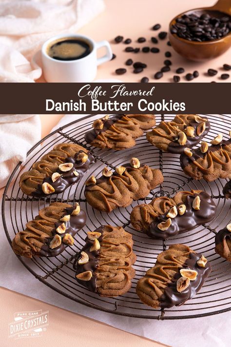 How do you make a #Danish #Butter #Cookie better? Add #coffee! With a mild coffee flavor, these Coffee Flavored Danish Butter Cookies are so much better than the kind that come in a blue tin. Dipping the cookies in #chocolate is optional, but since chocolate and coffee is such a lovely combination, it makes them extra special. A great #dessert or #snack #recipe any time of the year. For more cookie, bar and brownie recipes visit www.dixiecrystals.com. #dixiecrystals Chocolate Dipped Danish Butter Cookies, Chocolate Danish Butter Cookies, Coffee Butter Cookies, Cookies That Travel Well, Danish Flavors, Danish Cookies Recipe, Chocolate Butter Cookies, Coffee Cookie Recipes, Cookie Presentation Ideas