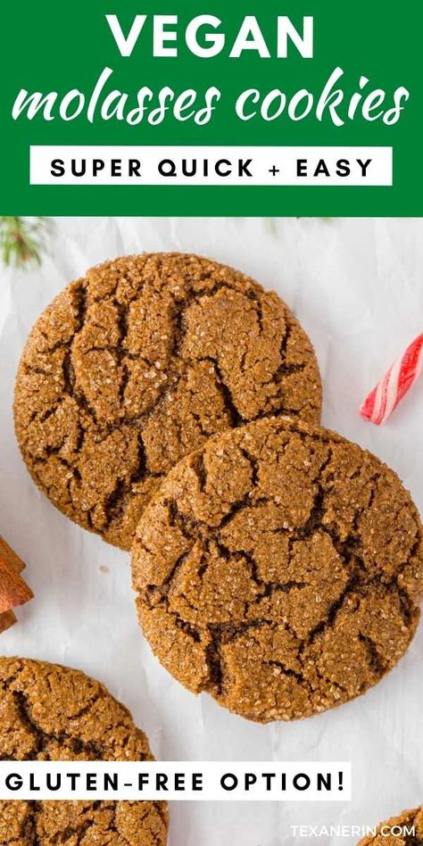 Vegan Molasses Cookies (the best texture, so easy!) - Texanerin Baking Gluten Free Molasses Cookies, Vegan Ginger Molasses Cookies, Vegan Molasses Cookies, Vegan Gluten Free Cookies, Molasses Recipes, Chewy Molasses Cookies, Molasses Cookies Recipe, Cookie Bites, Vegan Cookies Recipes