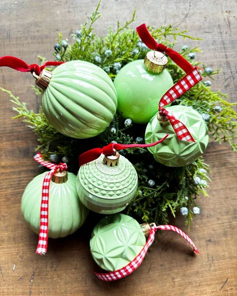 If you love the look of jadeite, I'll show you how I made these Jadeite Christmas Ornaments. Sharing what I learned not to do. Jadeite Christmas, Christmas Tree Decorations Ribbon, Christmas Ornament Crafts, Merry Little Christmas, Ornament Crafts, Holiday Projects, Christmas Snowflakes, Christmas Deco, Christmas Crafts Diy