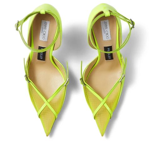 Neon Yellow Patent and Mesh Pumps with Straps | JIMMY CHOO/MUGLER STRAP PUMP | Jimmy Choo / Mugler | JIMMY CHOO Neon Yellow Heels, Pumps With Straps, Boots Thigh High, Yellow Heels, Girly Shoes, Shoes Luxury, Strap Pumps, Fashion Heels, Footwear Design Women