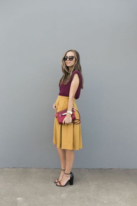 mustard yellow skirt and burgundy top | how to wear mustard yellow Mustard Skirt Outfit, Mustard Colour Combination, Yellow Skirt Outfits, Mustard Yellow Outfit, Colorful Fall Outfits, Mustard Outfits, Mustard Yellow Skirts, Neutral Fall Outfits, Skirt Outfit Fall