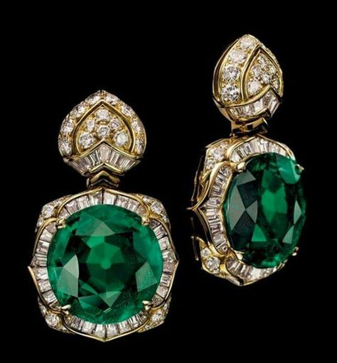 A Pair of Emerald and Diamond 'Lotus' Earrings, by Bulgari - Bulgari Jewelry, Inexpensive Jewelry, Lotus Earrings, Cheap Jewelry, Emerald Earrings, Green Earrings, Emerald Jewelry, Gems Jewelry, Van Cleef