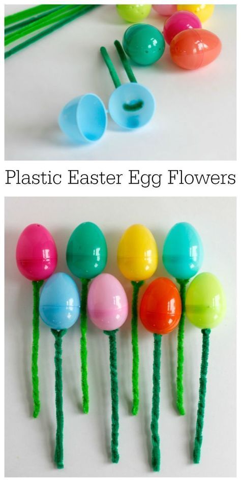 Easter Craft for Plastic Eggs and Pipe Cleaner Flowers Diy Osterschmuck, Pipe Cleaner Flowers, Colored Eggs, Eggs Flowers, Plastic Easter Eggs, Easy Easter Crafts, Plastic Eggs, Easter Projects, Egg Crafts