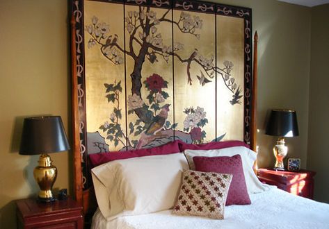 Unique Headboard Ideas for your Bed | The Early Bird Folding Screen Headboard, Screen Headboard, Asian Inspired Bedroom, King Size Bed Designs, Asian Bedroom, Simple Bed Designs, Minimalist Bed, Bunk Bed Designs, Bad Inspiration