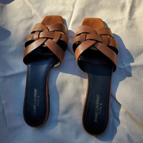 YSL Saint Laurent Tribute Flat Sandals - Tan size 41 Saint Laurent Tribute Sandal Outfit, Ysl Sandals Flat, Ysl Tribute Sandals Outfit, Ysl Flats, Ysl Tribute Sandals, Ysl Tribute, Ysl Saint Laurent, Ysl Sandals, My Lifestyle