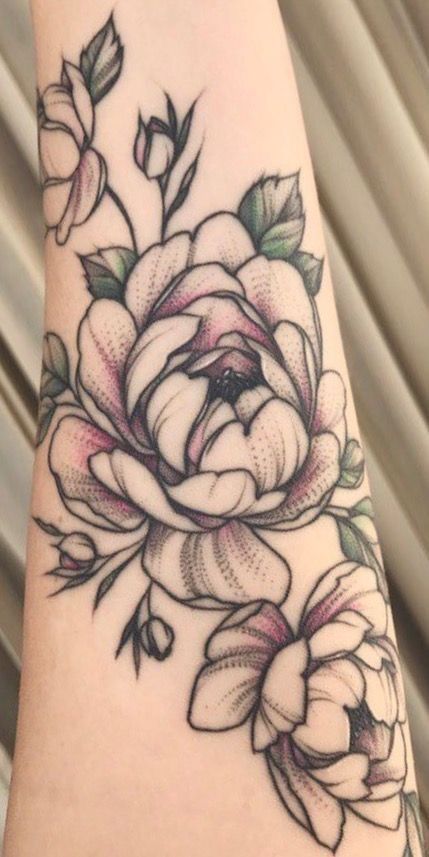 Partially Colored Tattoo, Color Stippling Tattoo, Dot Work Tattoo Color, Light Color Flower Tattoo, Light Color Tattoo Ink, Stipple Color Tattoo, Lightly Colored Tattoo, Lightly Colored Flower Tattoo, Hint Of Color Tattoo