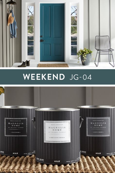 The bold blue hue of Weekend, from the Magnolia Home by Joanna Gaines® Paint collection, is the perfect choice for a painted front door! Pictured here with bright white trim and light gray siding, it’s a gorgeous addition to the exterior design of your home. Click below for full color details to learn more. Magnolia Home Exterior, Blue Door Gray House, Magnolia Homes Exterior, Magnolia Home Paint, Double Wide Remodel, Gray Siding, Exterior House Doors, Magnolia Homes Paint, Teal Door