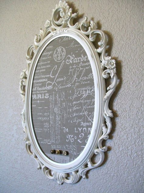 Great idea for a cracked or discoloured mirror! Replace it with some gorgeous fabric or some wallpaper for a beautiful Shabby Chic look! You could even gt some samples from your local DIY store to cover the mirror. Lovely Vintage finish! Old Mirrors, Market Ideas, French Country Farmhouse, Shabby Chic Crafts, Shabby Chic Kitchen, French Country Style, Shabby Chic Homes, French Decor, French Country Decorating