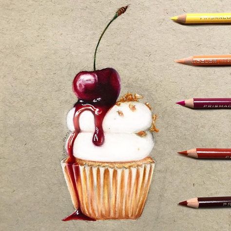 Pencil Colour Painting, Pencil Inspiration, Food Art Painting, Cupcake Drawing, Prismacolor Art, Food Sketch, Colored Pencil Artwork, Food Painting, Art Drawings Sketches Creative