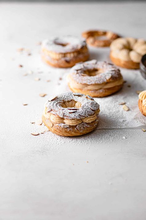 Paris Brest with Almond Praliné Crème | Baker Street Society Eclair Recipes, Pastry Photography, Unique Sweets, Choux Dough, Bicycle Cafe, Almond Pastry, Impressive Desserts, Paris Brest, Italian Pastry