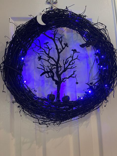 Excited to share this item from my #etsy shop: Halloween Wreath - spooky wreath. Halloween Decor! Black Cat wreath - LED Lighted! Tree of Life #halloween #blackcat #blkhalloweendecor #halloweenwreath #Spookywreath Goth Decor Diy, Crescent Moon Light, Man In Moon, Cat Wreath, Spooky Wreath, Spooky Black, Scarecrow Wreath, Scary Cat, Rhinestone Collar