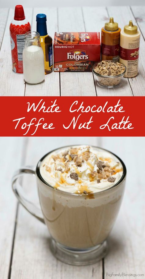 White Chocolate Latte Recipe, English Toffee Coffee Recipe, Toffee Nut Syrup Recipe, Toffee Nut Coffee, Toffee Coffee Recipe, White Chocolate Coffee Recipe, Diy Toffee, Diy White Chocolate, Chocolate Coffee Recipes