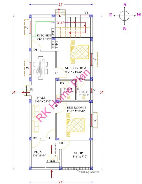 This small and simple house design has 2 bedrooms and 2 toilets (1 attached). It is a one storey house and is suitable for a medium range family. It has a total floor area of 1071.00Sqft. House Design Details:- Size of the Plot: -25 Feet x 55 Feet Size of the Building/House: - 21’-0” x 51’-0” Direction / Face of the House: - North Face Room Details: - 2 BHK House Plan Design 2 Bhk House Plan, Vastu House, One Storey House, Small House Elevation, Small House Elevation Design, Room Details, Simple House Design, Building House, Elevation Design