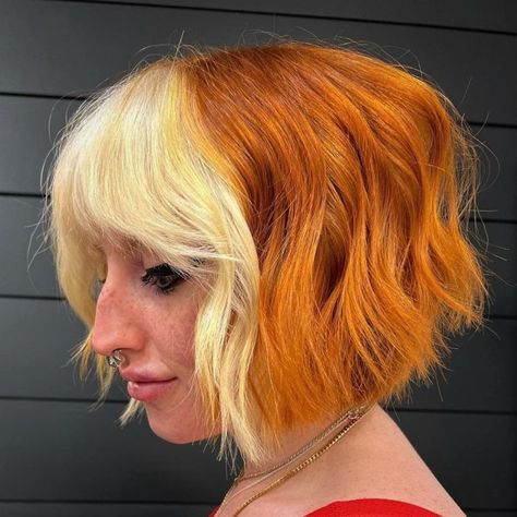 Red Bob With Blonde Money Piece, Copper Hair With Blonde Money Piece Bob, Copper Hair With Money Piece Bangs, Copper Bob Hair, Bob Shag, Picture Day Hairstyles, Copper Bob, Blonde Hair Pictures, Red Bob Hair