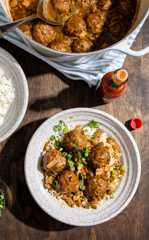 Cajun Meatball Fricassee, Meatball Fricassee, Cajun Meatball Stew Recipe, Cajun Gravy, Cajun Meatballs, Meatballs In The Oven, Meatball Stew Recipe, Spiced Meatballs, Rice For Dinner