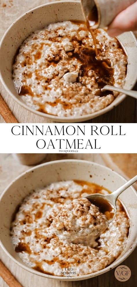 10-Minute Cinnamon Roll Oatmeal (Vegan) - Two Spoons Rolled Oats Recipe Breakfast Stovetop, Rolled Oats Recipe Breakfast, Healthy Holiday Breakfast, Cinnamon Roll Oatmeal, Stovetop Oatmeal, Rolled Oats Recipe, Healthy Breakfast Alternatives, Oats Recipes Breakfast, Oatmeal Vegan