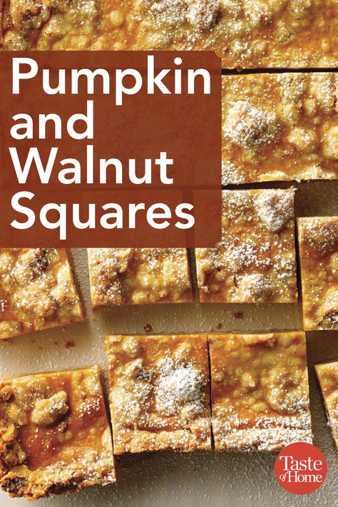 The buttery crust and crumb topping plus the creamy pumpkin filling make this a popular dessert at potlucks. Pumpkin Walnut Bars, Pumpkin Pie With Nut Topping, Pumpkin Pie With Walnut Crust, Pumpkin Bread Crumb Topping, Pumpkin Bars 9x13 Pan, Pumpkin Squares, Walnut Recipes, Popular Desserts, Dessert Bar Recipe