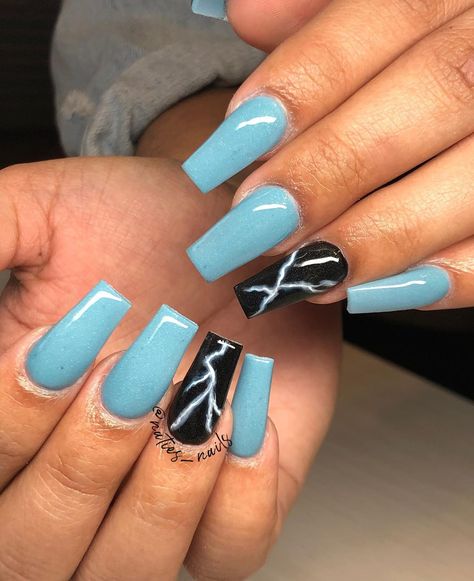 Nail Designs With Lightning Bolt, Nail Designs Lighting Bolt, Blue Nails With Lightning Bolt, Purple Nails With Lightning Bolt, Short Nail Designs Lightning Bolt, Lightning Bolt Nails, Lightning Nails, Accent Nail Art, Aurora Nails