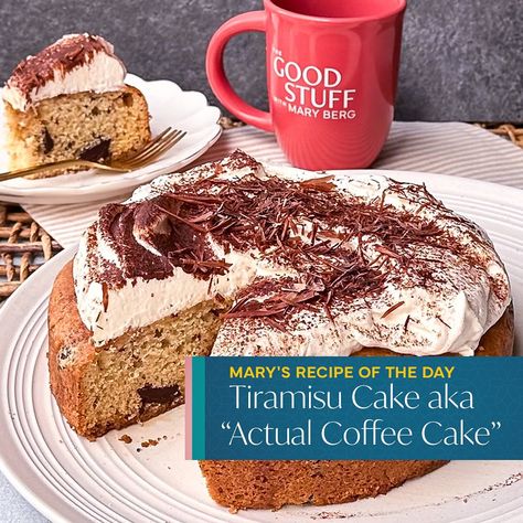 Get the best of both worlds with @mary_berg3’s Tiramisu Coffee Cake! ☕️🍰 Bake your cake using classic ingredients like butter, sugar, eggs, and flour. Once baked, create a coffee syrup with Coffee, sugar, and a touch of dark rum or Marsala wine and vanilla. 🤎 Combine rich mascarpone, whipping cream, and icing sugar for a light, creamy topping. Build your Tiramisu Coffee Cake using all of these components, and it’s ready to serve! ✨ For the recipe, click the link in the bio or visit thegoodst... Tiramisu Coffee, Mary Berg, Marsala Wine, Tiramisu Cake, Tiramisu Recipe, Coffee Syrup, Sugar Eggs, Dark Rum, Whipping Cream