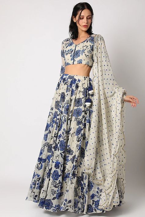 Off White & Indigo Blue Printed Lehenga Set Design by Paulmi & Harsh at Pernia's Pop Up Shop 2022 Lengha Blouse Designs, Sleeveless Blouse Designs, Armaan Malik, Printed Lehenga, Western Dresses For Women, Simple Lehenga, Indian Outfits Lehenga, Lehenga Designs Simple, Bridal Lehenga Collection