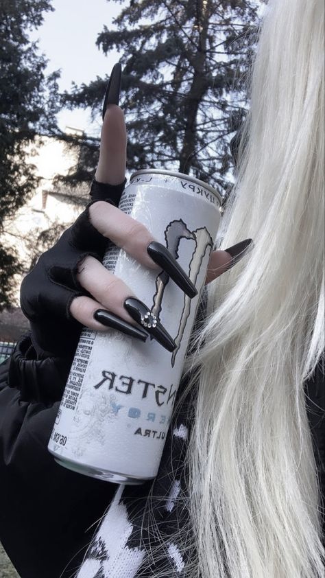 Black Acrylic Nails, Aesthetic Grunge Outfit, Nail Tattoo, Monster Energy, White Aesthetic, Grunge Aesthetic, White Hair, Black Nails, Long Nails