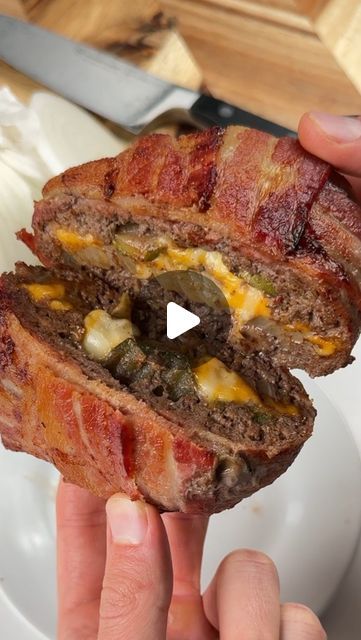 iRick Wiggins on Instagram: "Say “YUM” if you would eat this Bacon Wrapped Stuffed Burger 🍔😋🔥  What you need: 1 onion slice 1 slice of cheese 3-5 pickle slices 6-8 oz ground beef 4 slices of bacon   How to make it: 1. Layer your onion, pickles & cheese and form the beef around it. Add salt & pepper. 2. Wrap with bacon & air fry @ 400F for 20ish mins flipping halfway 3. Take it out, cut it in half & enjoy" Bacon Wrapped Burger Stuffed Onion, Bacon Wrapped Cheeseburger Stuffed Onion, Bacon Wrapped Hamburger Patties, Bacon Wrapped Cheeseburger, Air Fry Bacon, Bacon Wrapped Burger, Onion Slice, Snack Man, Oven Burgers