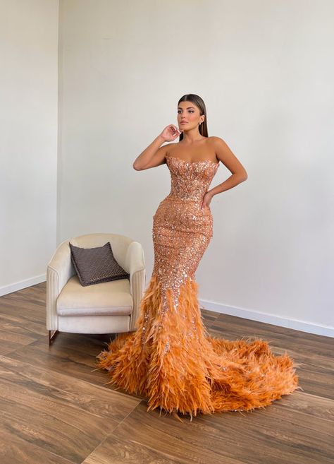 Ready To Ship – Minna Fashion Orange Formal Dress Long, Orange Prom Dresses Black Women, Orange Dresses Formal, Fabric Puffs, Orange Mermaid Prom Dress, Strapless Orange Dress, Orange Prom Dress, Orange Formal Dresses, Minna Fashion