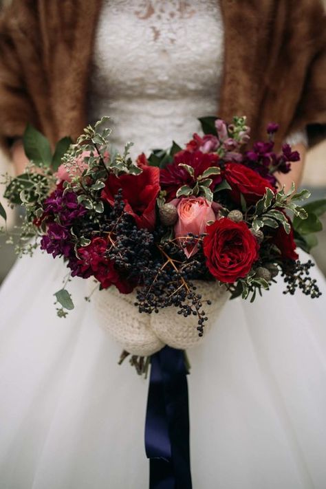 Jewel Toned Wedding Flowers, Wedding Jewel Tones, Piano Garden, Burgundy Garden, Jewel Tone Wedding Flowers, Purple Dahlias, Wild Wedding Bouquet, Privet Berries, Red Piano