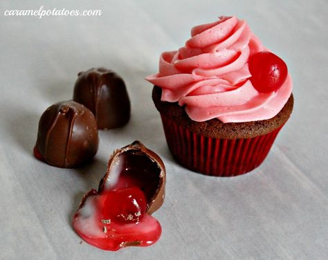 Cherry Cordial Cupakes Chocolate Covered Cherry Cupcakes, Chocolate Cherry Cupcakes, Cherry Cordial, Cherry Cupcakes, Valentine Day Cupcakes, February 1st, Chocolate Covered Cherries, Valentines Cupcakes, Cake Easy