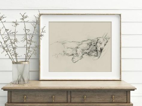 Golden Retriever Sleeping, Retriever Drawing, Golden Retriever Drawing, Kids Playroom Art, Golden Retriever Art, Drawing Dog, Dog Wall Decor, Butterfly Poster, Dog Sketch