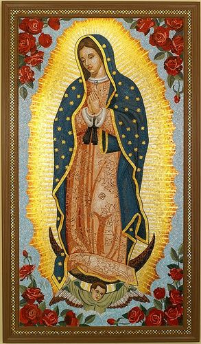 Virgin of Guadalupe is a very important lady in Mexican culture. It is the same Virgin Mary, the mother of Jesus, but seen as she appeared to Mexicans. She delivered the message to the indigenous people as Mohammad delivered God's message to those in the dessert. Virgin Mary Painting, Mary The Mother Of Jesus, Virgin Mary Art, Virgin Of Guadalupe, Mosaic Ideas, Blessed Mother Mary, Our Lady Of Guadalupe, Lady Of Guadalupe, Holy Mary