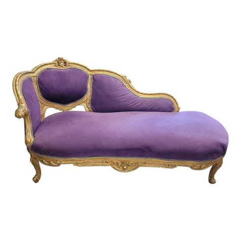 Exquisite vintage - antique neoclassical Recamier featuring a plum color velour upholstery, free flowing curvy form with a beautifully carved wood frame, gilt finish. Measuring 72 inches long by 36 inches deep and 38 inches tall at the back. A Stunning addition to any room! Curvy Furniture, Future Decor, Purple Room, Upholstery Ideas, Royal Furniture, Carved Wood Frame, Purple Rooms, Dream Apartment Decor, Indie Jewelry