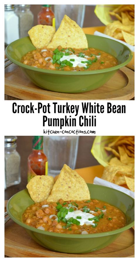 Crock-Pot Turkey White Bean Pumpkin Chili - Kitchen Concoctions Pumpkin Chilli, Crock Pot Turkey, Slow Cooker Chili Easy, Turkey Pumpkin Chili, Pumpkin Chili Recipe, Paleo Dinners, Fall Meals, White Bean Chili, Vegan Chocolate Mousse