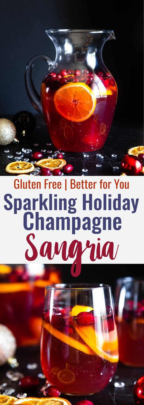 Sparkling Holiday Champagne Sangria - Full of tart cranberries and sweet oranges, this is an easy, better-for-you cocktail that is perfect to serve a crowd this Holiday season! Fizzy, festive and tasty! | #Foodfaithfitness | #Glutenfree #Sangria #Dairyfree #Vegan #Champagne Champagne Sangria, Holiday Champagne, Moscato Sangria, Sparkling Sangria, Cranberry Orange Cookies, Holiday Sangria, Christmas Sangria, Wine Cake, Cranberry Cocktail