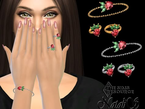 Sims 4 Cc Strawberry Clothes, Royal Accessories, Bracelet With Ring, Strawberry Outfit, Sims 4 Cc Hair, Strawberry Necklace, Strawberry Color, Beaded Braclets, Sims 4 Cc Shoes