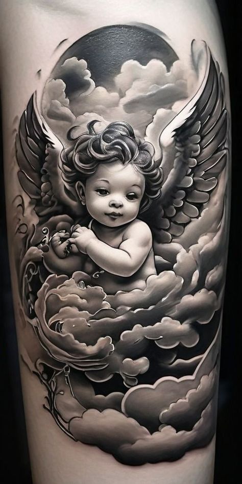 Cherub Tattoo Designs, Angel Sleeve Tattoo, Angel Sculpture Art, Guardian Angel Tattoo Designs, Angle Tattoo, Scroll Tattoos, Punisher Artwork, Baby Angel Tattoo, Halo Tattoo