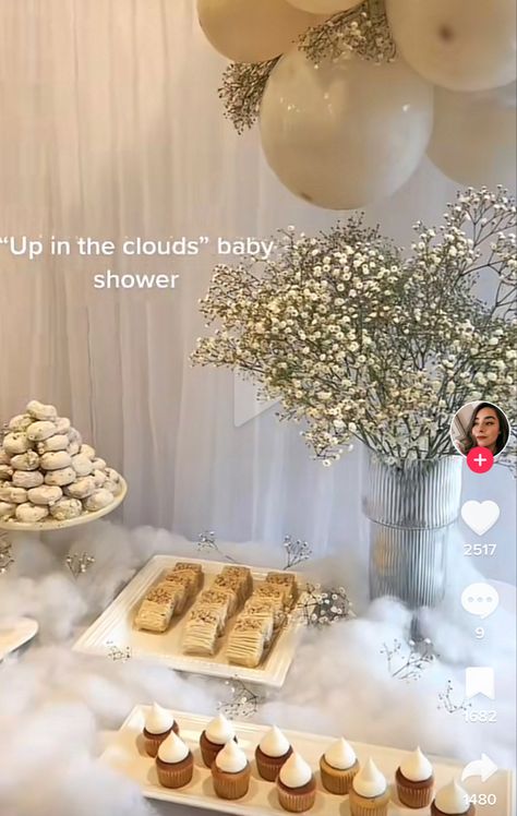 Cloud Nine Dessert Table, Cloud Theme Dessert Table, Gold And White Baby Shower Ideas, Cloud Cake Pops, Up In The Air Gender Reveal, Cloud Dessert Table, Cloud Gender Reveal, Gender Reveal Dessert Table, Bridal Brunch Decorations