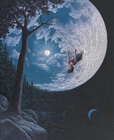 Over the Moon - Paintings and Optical Illusions by Rob Gonsalves Robert Gonsalves, Rob Gonsalves, Optical Illusion Paintings, Art Mini Toile, Illusion Paintings, Magic Realism, Colossal Art, Realism Painting, Surrealism Painting