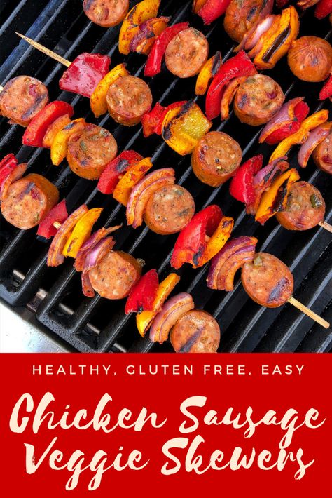 These chicken sausage skewers are a delicious, healthy grilling recipe perfect for summer! A gluten free, healthy dinner that everyone will love. Loaded with flavor and veggies! #glutenfree | #glutenfreedinner | #grillingout | #barbecue | #healthybarbecure | #chickensausage | #healthydinner Sausage Skewers, Healthy Barbecue, Italian Chicken Sausage, Veggie Skewers, Healthy Grilling Recipes, Bbq Dinner, Shrimp And Asparagus, Skewer Recipes, Healthy Grilling