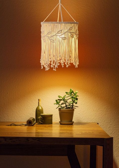 Macrame Lamp Shades, Diy Hanging Lamp Shade, Macrame Light Fixture, Macrame Lamp Shade Diy, Macrame Light Shade, Macrame Lighting, Boho Bedroom Lighting, Boho Hanging Lamp, Boho Lamp Shade