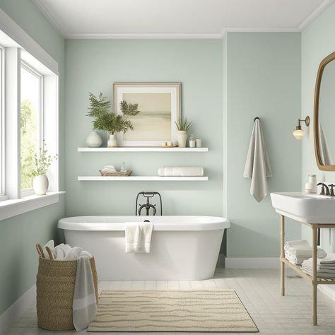 sw sea salt bathroom Sw Sea Salt Bathroom, Sherwin Williams Misty, Sea Salt Bathroom, Spa Paint Colors, Sea Green Bathrooms, Seafoam Green Bathroom, Green Bathroom Paint, Light Green Bathrooms, Mint Green Bathrooms