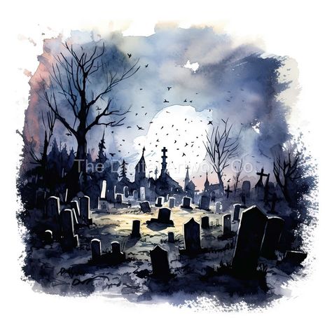 Graveyard Art, Graveyard Watercolor, Graveyard Drawing Illustration, Graveyard Illustration, Graveyard Digital Art, Graveyard, Beautiful Images, High Quality, Watercolor Art