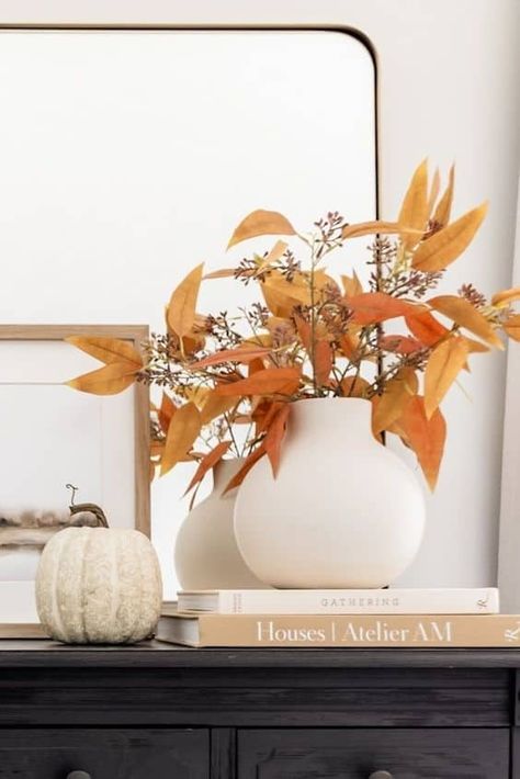 25 Modern Chic Fall Home Decor Ideas » Lady Decluttered Fall Window Sill Decor, Eucalyptus Decor, Woodside Homes, Kitchen Staging, Fall Tabletop Decor, Fall Front Porch Decor Ideas, Pitcher Decor, Halloween Mantle, Decor 2023