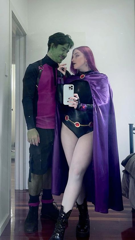 Raven Couples Costume, Raven And Beastboy Cosplay Costume, Beast Boy X Raven Costume, Beastboy And Raven Costume, 2 Couples Halloween Costume Ideas, Beastboy Costume, Raven And Beastboy Titans Costume, Cosplay Couple Ideas, Beast Boy And Raven Costume